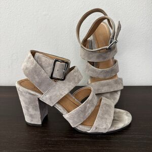 Vionic Blaire Suede Multi-Strap Block Heel Sandals | Grey / Taupe | Size 7.5